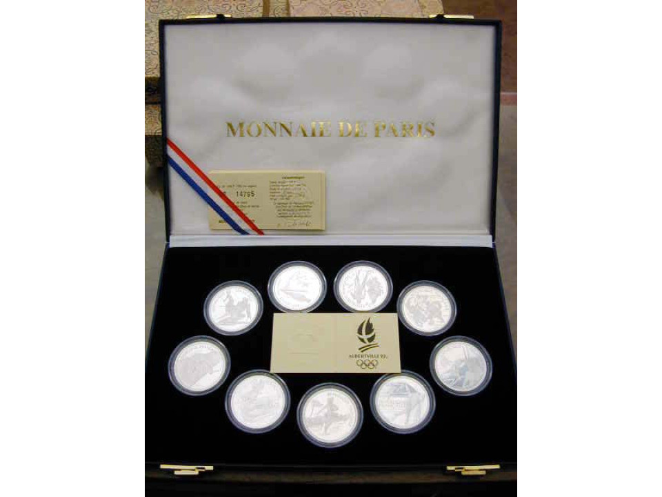 France, 100 Francs 1992 Albertville, Set of 9 Pieces, Silver