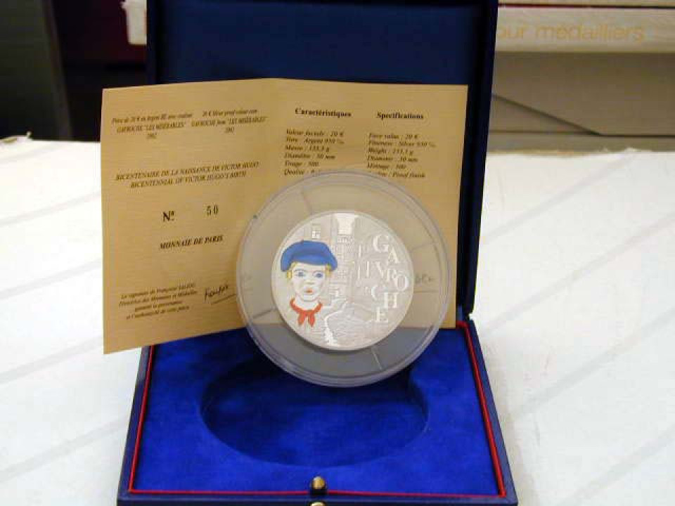 Francia, 20 Euro 2002 Gavroche Argento (5 once) Tiratura 500 Pz