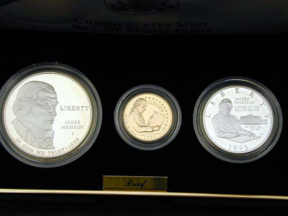 United States, Gold 5 Dollars 1993 + Silver Dollar + ½ Dollar, Madison