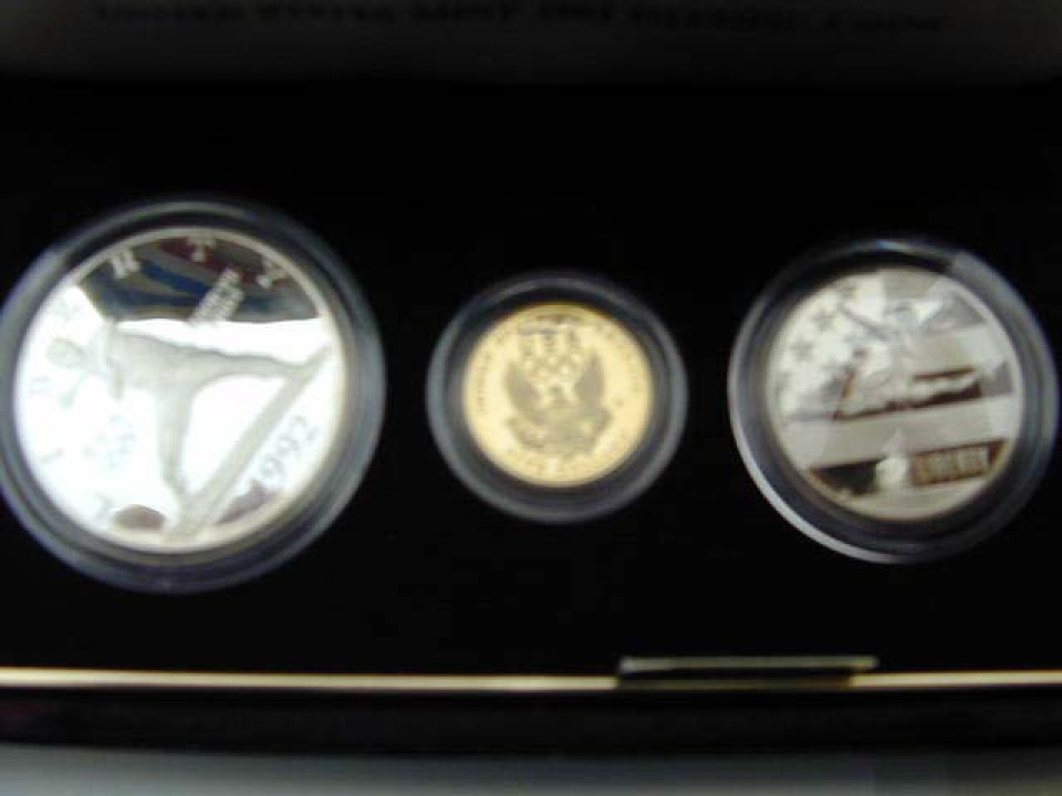 United States, Gold 5 Dollars 1992 + Silver Dollar + ½ Dollar, Olympics