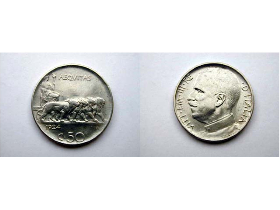 Vittorio Emanuele III, 50 Centesimi 1924 Reeded Edge