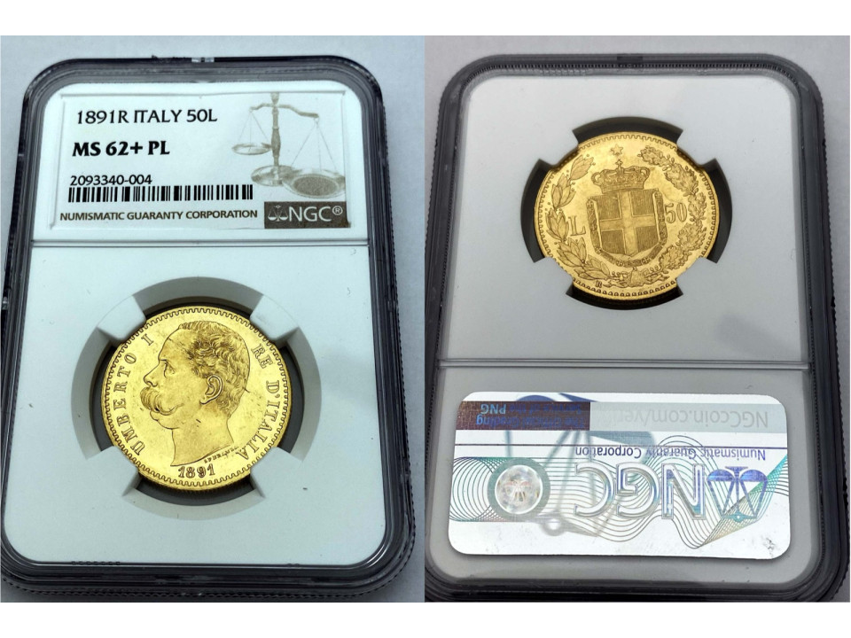 Umberto I, 50 Lire 1891 NGC MS 62+ PL