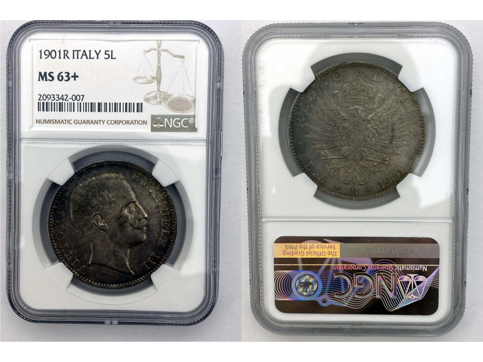 Vitt. Eman. III, 5 Lire 1901 NGC MS 63+