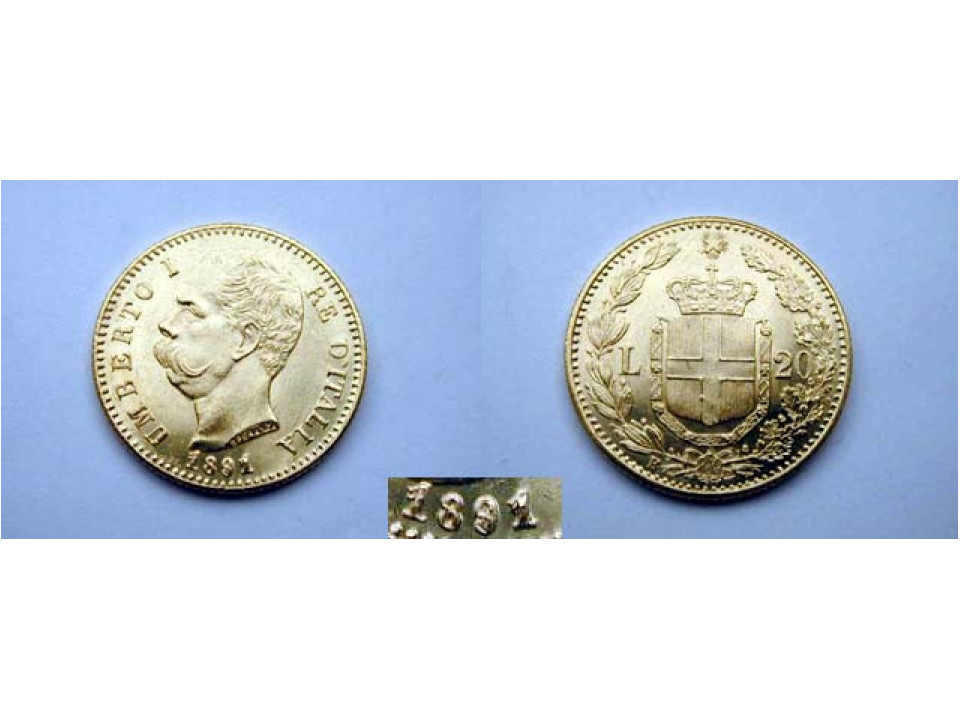 Umberto I, 20 Lire 1891 cifra 1 della data ribattuta