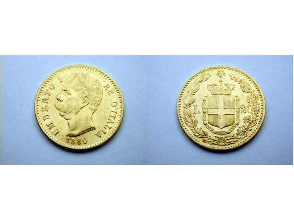 Umberto I, 20 Lire 1880 cifra 0 con coda Q