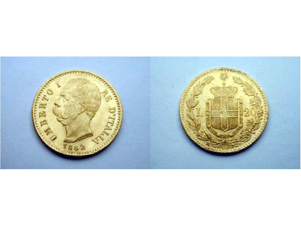 Umberto I, 20 Lire 1882, 2 misaligned upwards