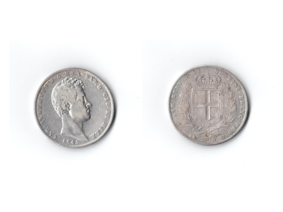 Carlo Alberto, 5 Lire 1843, Genova