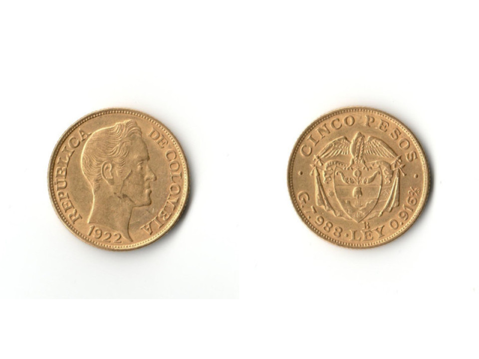 Colombia, Republic, 5 Pesos 1922 Second Type