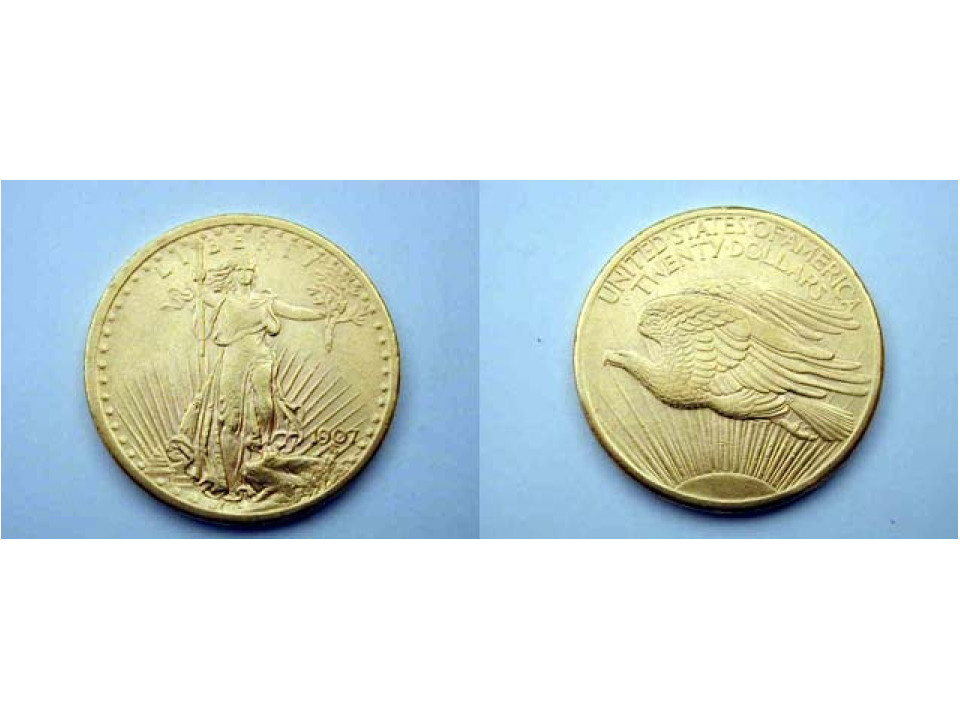 Stati Uniti, 20 Dollari 1907 St. Gaudens senza motto