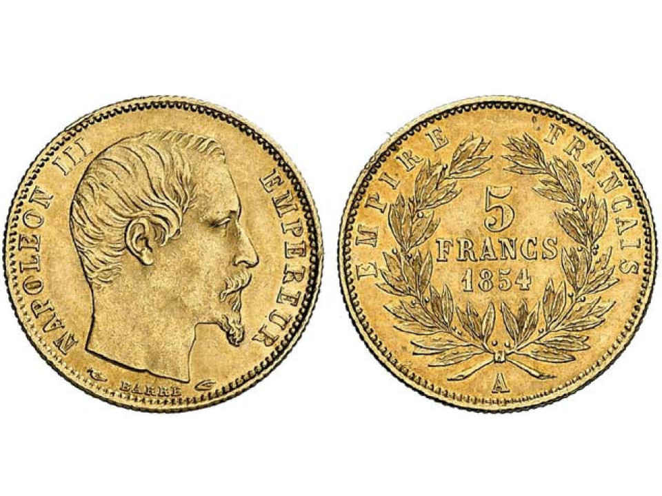 Francia, Napoleone III 5 Franchi 1854 A (modulo piccolo, 14,4 m