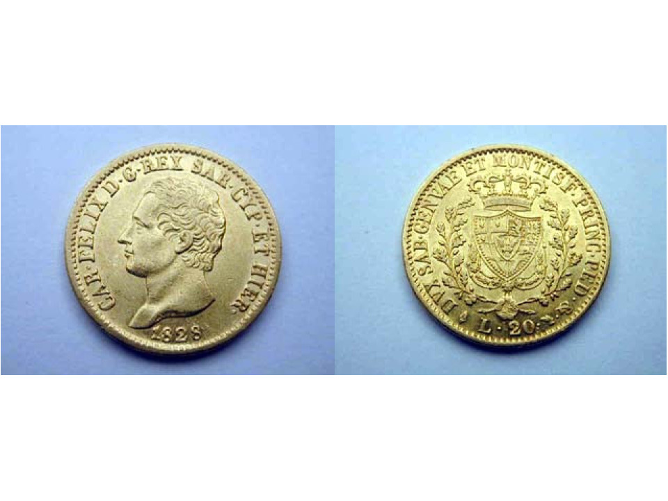 Carlo Felice, 20 Lire 1828 Torino (L in losanga)