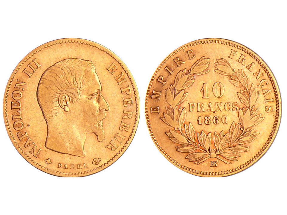 France, Napoleon III, 10 Francs 1860 BB (Strasbourg)