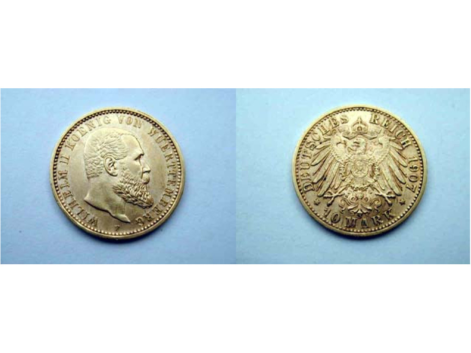 Germania - Wurttemberg, Guglielmo II, 10 Marchi 1907 F