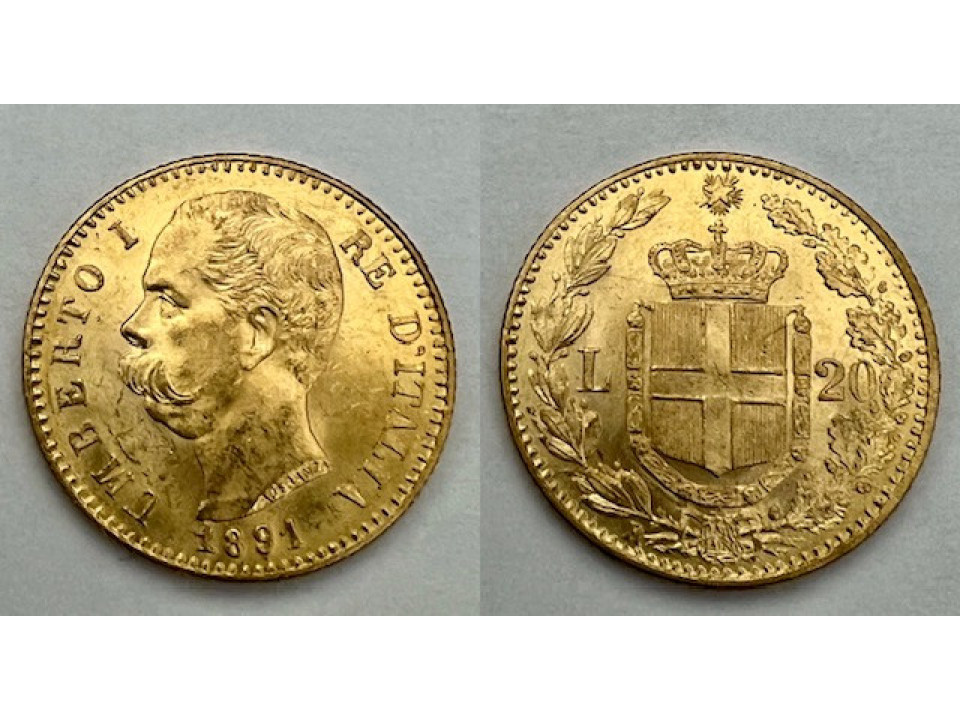 Umberto I, 20 Lire 1891 cifra 1 della data Non Ribattuta