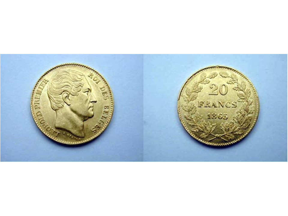 Belgio, Leopoldo I 20 Franchi 1865
